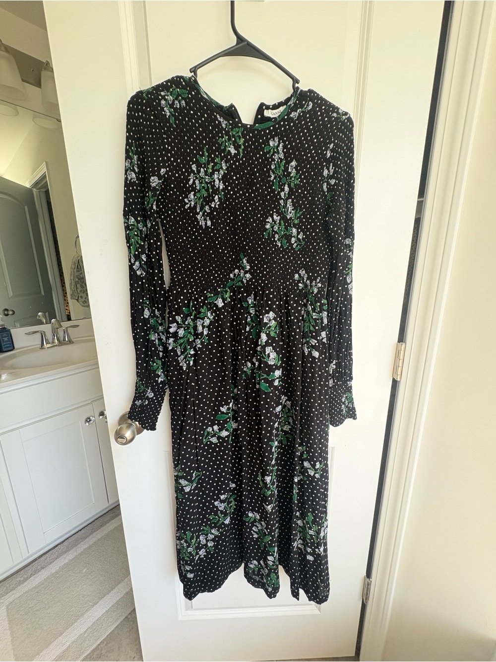 Ganni Black Rometty Floral Polka Dot Midi Dress